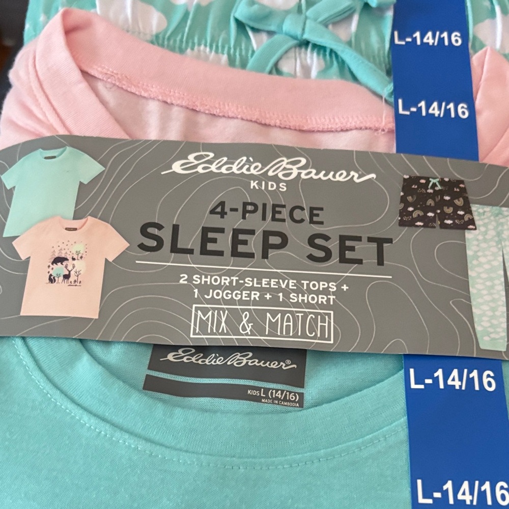 Pajamas girls 4 pcs sleep set new size L 14/16 Eddie Bauer 2 tops jogger& short